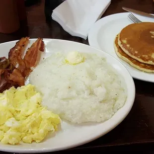 Shay&apos;s Special....grits, pancakes, scrambled eggs, bacon, and sausage