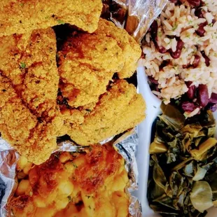 fried chicken, rice, and greens