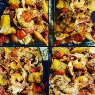 a collage of four images of shrimp and corn