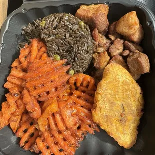 Pork Dinner Plate, black rice, fried plantain, sweet potato fries