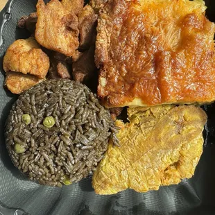 Pork Dinner Plate, Mac n cheese, rice, fried plantain