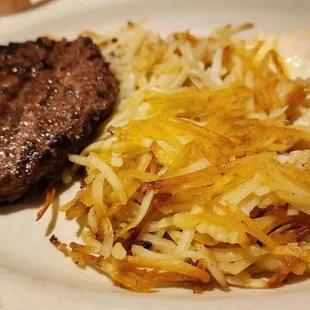 Hamburger patty, hash browns &amp; 2 overeasy eggs (3/8/24)