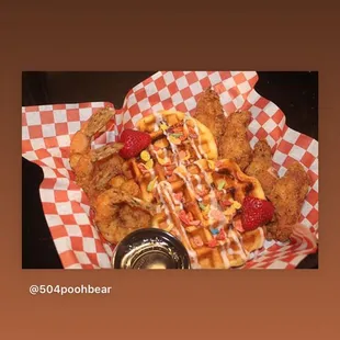 Cinnamon Roll Waffles w/ shrimp &amp; chicken wings