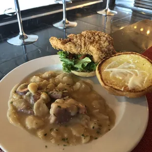 The Spicy Chicken Sandwich with a side of white butter beans instead of the fries
