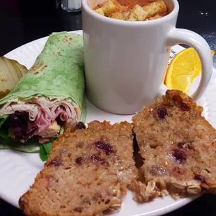 Half wrap, tomato basil soup, and She Bread.