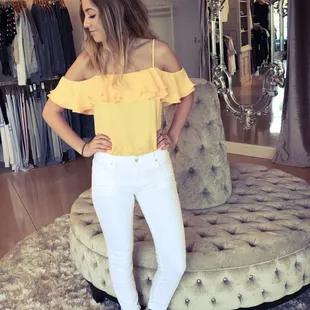 Off shoulder body suit and white denim!!
