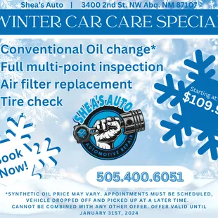 Enjoy a Winter Car Care Special at Shea's Automotive! Book NOW by calling us today - offer ends January 31st, 2024