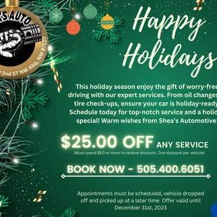 Happy Holidays! Enjoy $25.00 Off Any service! (Must spend $50 or more)