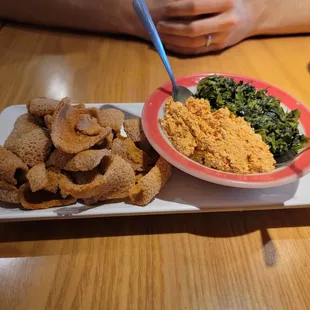 Injera crisps with cheese and greens dip