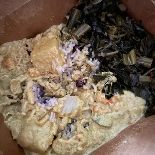 Veggie curry over rice &amp; peas and greens (all vegan) it's not spicy and very good