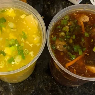 Soups:  Egg drop wonton and hot &amp; sour