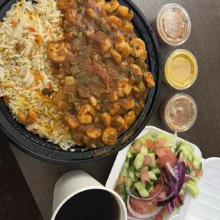 Shrimp Galabah, house salad and Turkish çay