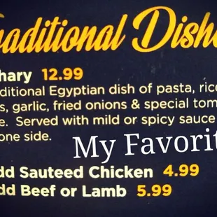 a menu for traditional dishes