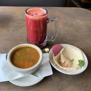 Lamb Vegetable Soup, Cobra juice, and Hummus