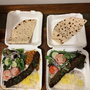 Kubideh with rice, spinach, chick peas, and garden salad