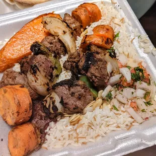 Huge beef shish kebab takeout was a delicious post-work treat.