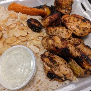 Another fantastic order of shish tawook with lemon oregano sauce served with either rice or fries and soup or salad.