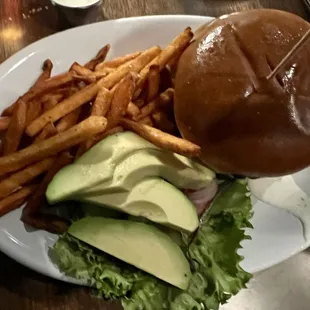 Cheeseburger plus avocado with sweet potato fries