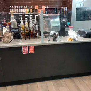 a view of a restaurant counter