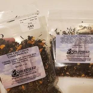 Green tea based earl Grey and a sample of pumpkin spice tea