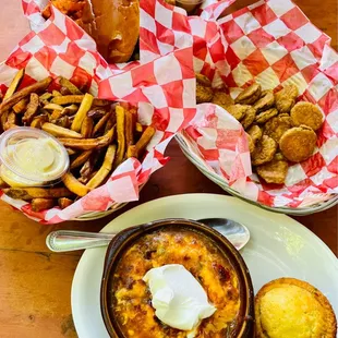 Two Hearted Chili, Fried Pickle Chips, Hand Cut Fries, Brisket Sandwich