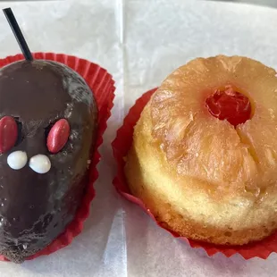 Chocolate mouse cake and a upside down pineapple cake.