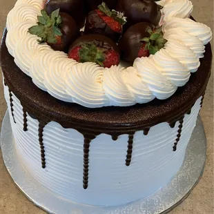 Beautiful Birthday Cake (Strawberry Mousse &amp; Bavarian Cream Layers) Topped with Chocolate Dipped Strawberries. Highly Recommend!