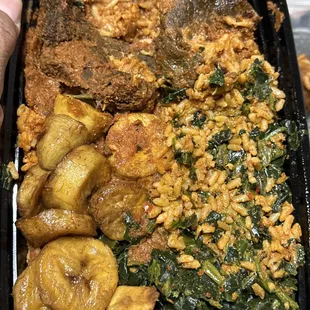 This is the Jollof rice, with the beef. The actual container isn&apos;t very big. That&apos;s my THUMB, in comparison to the meat portion.