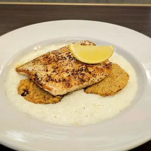 Lavender Peppered Salmon with grits and fried green tomatoes