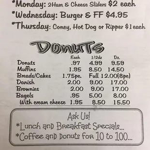 a menu for a donut shop