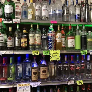 a variety of liquor bottles