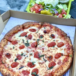 Round Large Margherita pizza and large garden salad