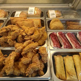 Chicken strips below average, inconsistent breading, dry inside.