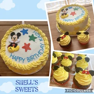 a mickey mouse cake and cupcakes
