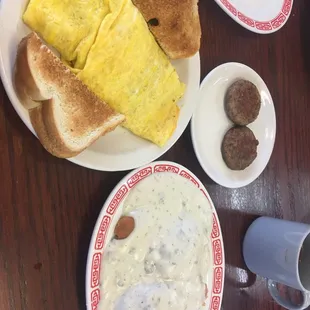 1 biscuit and gravy sausage mushroom omelette