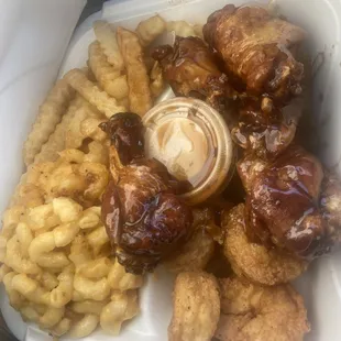 Shrimp, teriyaki wings, Mac, and fries