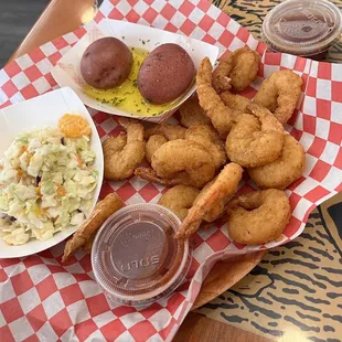 Fried shrimp dinner with cocktail sauce
