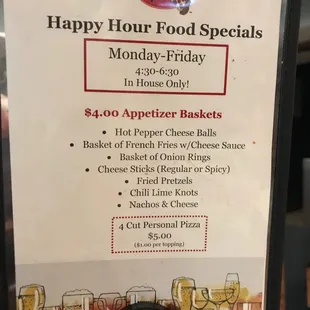 a happy hour food specials sign