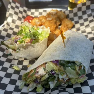 Crispy chicken bacon ranch wrap and tots
