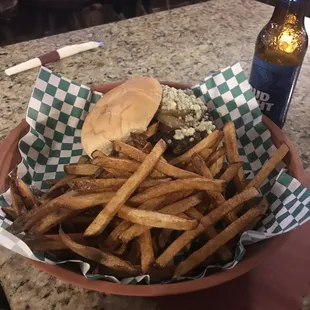 Black and blue burger with fries