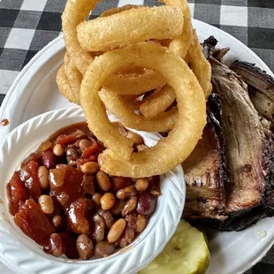 Brisket Plate with Rings and Loaded Baked Beans