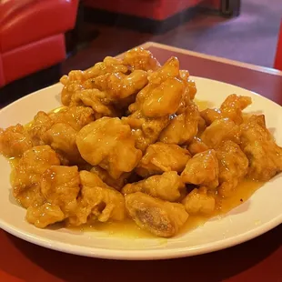 Orange chicken with a side of steamed white rice.