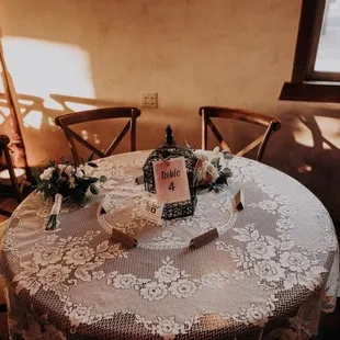 The bird cage and linens were provided by the venue