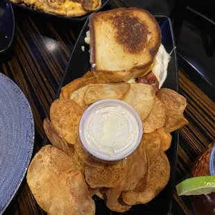 a plate of chips and a sandwich