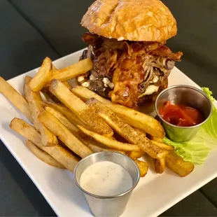 Bacon Bleu Cheese Burger with grilled onions.