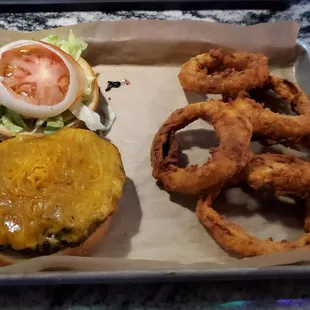 Cheeseburger and VERY awesome Onion Rings!