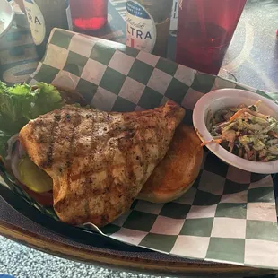 Blackened chicken sandwich fully dressed with slaw