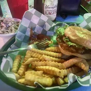 Grilled chicken sandwich, fries, cole slaw, and $2 Yuengling beer.