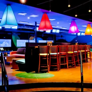 Big screens for videos and the big game over all the lanes