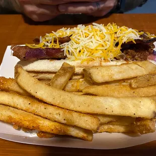 Bacon chili dog, fries